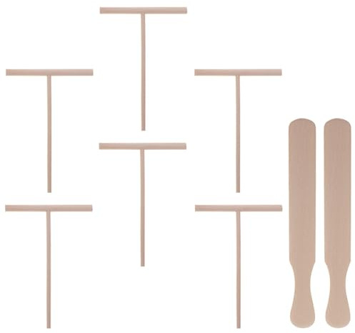 JECOMPRIS Wooden Crepe Spreader and T-shaped Pancake Rake Kitchen Cooking Utensils Set, Medium Size, 8pcs Portable Spatula Kit for Pancake and Egg Crepe Making