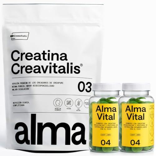 Creatina Monohidratada Creavitalis® ALMA® 300 g y 120 Gominolas de Creatina Creavitalis, Vitamina D3 y Espirulina Hidrolizada sabor limón | Versión Premium Creapure® Monohidrato en Polvo 99,9% Pureza