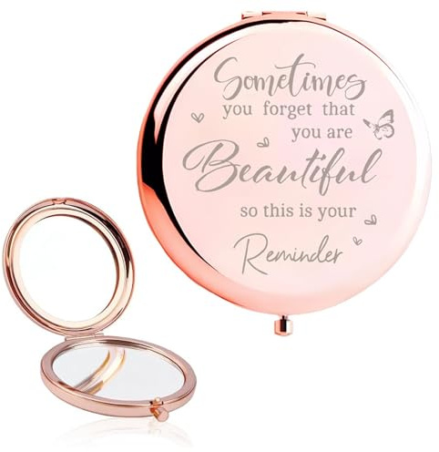 MNYXIS specchietto da borsetta, specchietto da borsa, Regalo Ragazza, Specchietto Pieghevole per Trucco con Frase Motivazionale Incisa, Piccolo Specchio Tascabile in Acciaio Inox, Diametro 6.6cm, Rosa