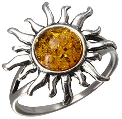 HolidayGiftShops GIA Certified Sterling Silver and Baltic Honey Amber Sun Adult Ring-Taille 66.25