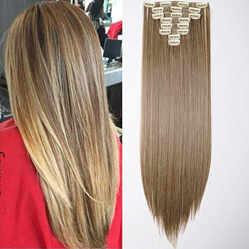 SEGO Clip in Extensions Haarverlängerung Haarteil 8 Tresssen wie Echthaar glatt Aschbraun Mix Bleichblond 23(58cm)-140g