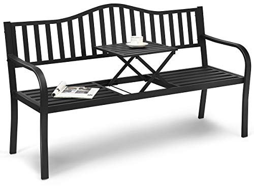 COSTWAY 3 Seater Garden Bench, Metal Frame Antique Loveseat Furniture with Foldable Middle Table, Outdoor Patio Yard Park Lounger Chair Seats, 150 x 59 x 91cm