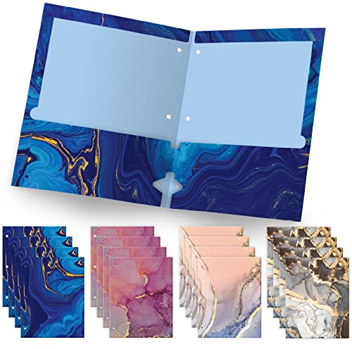 Global Printed Products Deluxe Designer Pocket Folders, Letter Size, 3-Hole Punched, 4 Patterns, 16/pk (Marble)