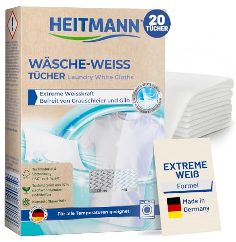 HEITMANN Wäsche-Weiß Tücher | Effektive Wäschepflege für weiße Textilien | Entfernt Grauschleier & Vergilbung ohne Bleichmittel | Ideal für strahlend weiße Wäsche | 20 Tücher für alle Stoffe