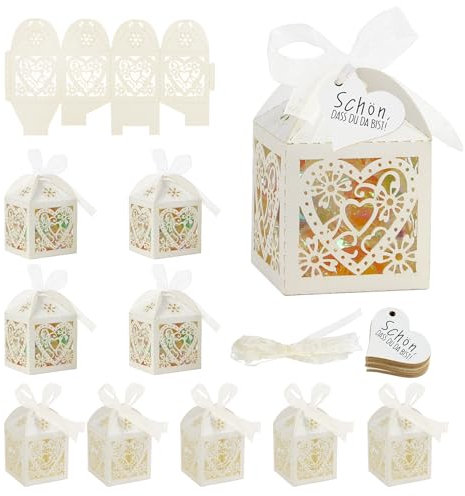 LALAGO 100 Stück Hochzeit Geschenkbox Süßigkeiten Box Gastgeschenke Kleine Geschenkboxen Schachtel mit Farbband Bonboniere Kasten für Gäste für Hochzeit Hochzeitstag Kinder Taufe Party (off-white)