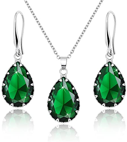Linawe Conjunto de joyas verdes para mujer, pendientes de plata, pendientes colgantes para mujer, collar de cadena con colgante de esmeralda, joyería de moda de plata, joyería de moda
