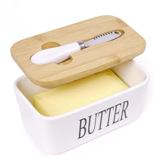 Large Butter Dish,Ceramic Butter Dish with lid and Knife,Quality Silicone Sealing Butter Dishes is Good for Kitchen Baking and Gift,White