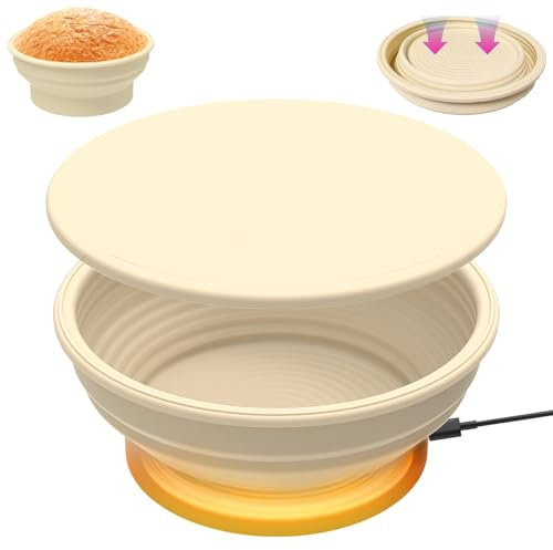 HMGES Panier à pain chauffant Banneton, bol de fermentation pliable multifonction en silicone avec chauffe-graphène et couvercle, 4 niveaux de température réglables, surface antiadhésive de 22,9 cm