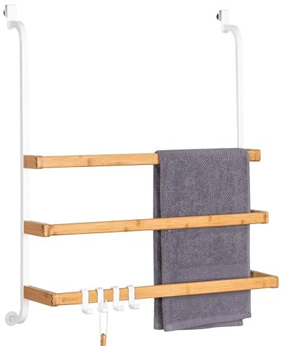 eluno Porte-serviettes pour paroi de douche en verre en métal et bambou, porte-serviettes avec 3 barres, 4 crochets pratiques, à suspendre sans perçage, blanc