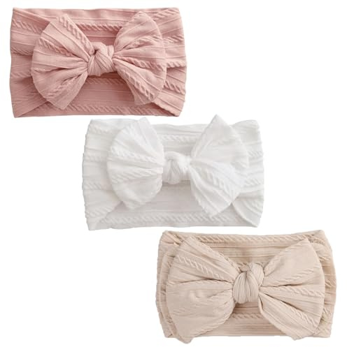 3PCS Elastic Nylon Headbands Hair Bows Stretchy Soft Wide Bowknot Headband Bow for Babies Newborn Baby Girl Infant Toddler (White Pink Rice Coffee)