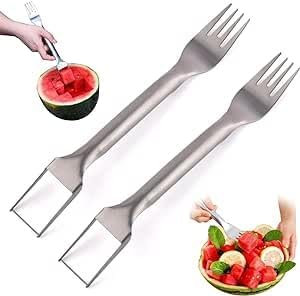 KATLIKU Taglia Anguria 2 in 1 in Acciaio Inox – Coltello e Forchetta da 25cm per Frutta Estiva, Utensile da Cucina per Tagliare e Servire Cocomero e Melone, Leggero e Compatto da 150g per Picnic