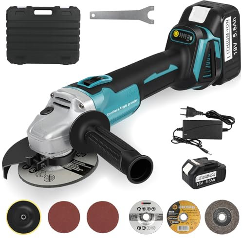 KEATFE Amoladora Angular, Diámetro de Disco 125 mm, Herramienta Eléctrica de Rectificado con Motor sin Escobillas para Cortar Azulejos Pulidos Madera Piedra Acero con 1* Baterías de 5500 mAh