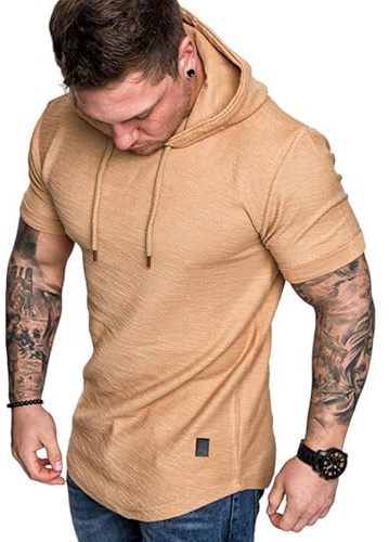 Remxi Chemises à capuche athlétiques à manches courtes pour homme - Couleur unie, kaki, M