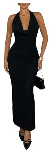 GORGLITTER Women's Cowl Neck Halter Tie Backless Dresses Bodycon Pencil Long Dress Cocktail Outfits Black X-Small