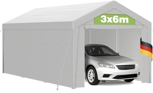 Carport Garage Tente 3x6 m en Structure Acier Renforcée, Bâche PE Imperméable 200g/m² Anti-UV, Panneaux Amovibles Inclus, Abri Temporaire Extérieur Voiture Camion Moto - Blanc