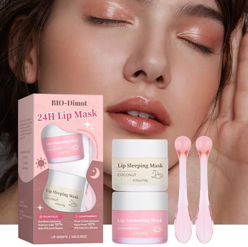 Mascarilla labial para dormir, set de mascarillas labiales de fresa y coco para el día y la noche, set de bálsamos labiales, 10 g x 2