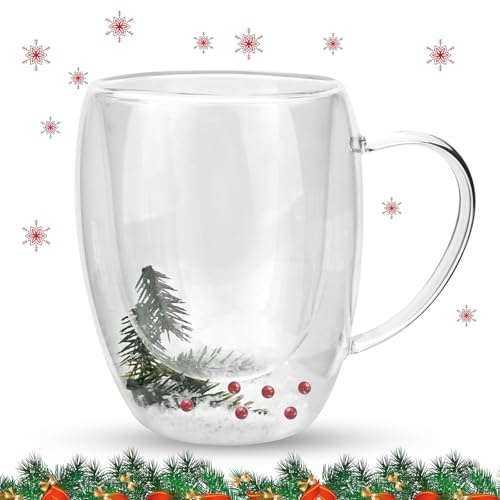 Epunk Christmas Double Wall Glass Mugs 350ml - Borosilicate Insulated Cups with Snowflake Design Handle- Hot/Cold Drinks Gift Set (Transparent)