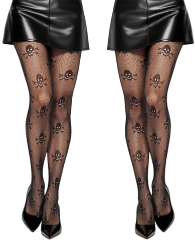 NVTEGR 2Pcs Patterned Tights, Goth Clothes Women, Skull Print Mesh Sexy Lace Goth Tights Halloween, Fishnet Legging Ladies Pattern Pantyhose Gothic Tights for Women Girl(Black)
