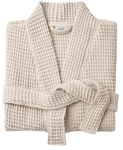 Allure Bath Fashions Unisex Bathrobe Lightweight Textured Waffle Robe - Soft Hotel Dressing Gown, Kimono (Small/Medium, Linen)