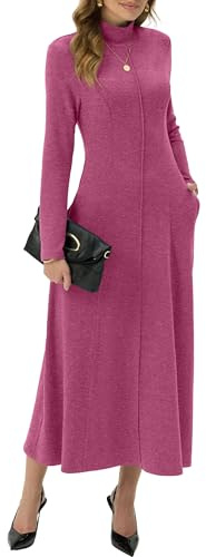 GRECERELLE Womens Maxi Dress Turtleneck Long Sleeve Fall Winter Elegant Casual Daily Work Date Lounge Stretchy Long Dresses for Ladies with Pockets (Rose Red, XXL)