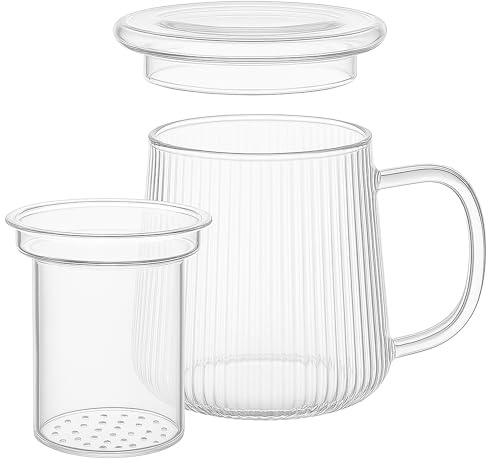 Goodwei Tebryggare i glas – 2-i-1 tekopp och tekanna liten med uttagbart glasfilter & lock – Tekopp med sikt för lös te