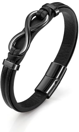 PiercingJak Bracelet pour homme avec signe de l'infini - Bracelet en cuir noir - Bijou d'amour d'amitié - Cadeau pour homme, partenaire, ami, Cuir