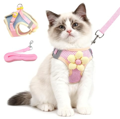 Cat Harness and Leash Set Escape Proof, Adjustable Leash & Breathable Mesh Vest with Reflective Strips & Flower, (S)