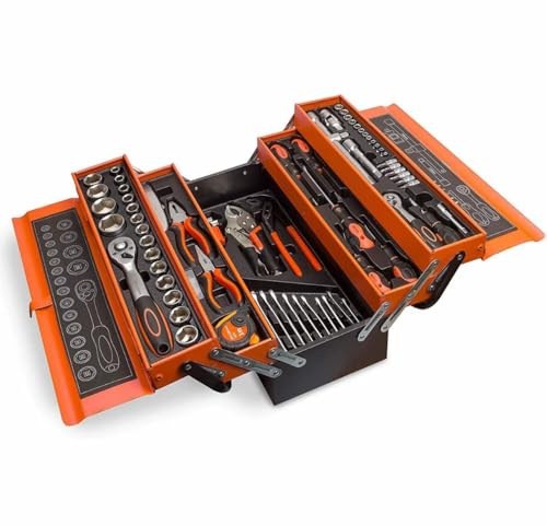 Cassetta Attrezzi Professionale in Metallo con 85 Pezzi, Set Utensili Completo con Chiavi a Bussola, Cricchetto, Pinze e Cacciaviti, Arancione e Nero