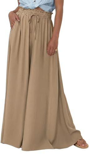EIRUKON Pantalon Femme Wide Leg Pantalon d'été Léger Palazzo Pantalon Élégant Large Pantalon Confortable Baggy Taille Haute Pantalon de Loisirs Boho Fleur/Uni Tissu Pantalon de Plage avec Poches, kaki