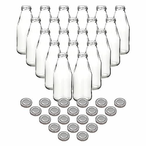 gouveo 20er Set Saftflasche 500 ml mit Schraubdeckel silberfarben - Runde Glasflasche 0,5 l mit TO43 Verschluss - Leere Flasche zum Befüllen für Küche und Haushalt (SF500S)