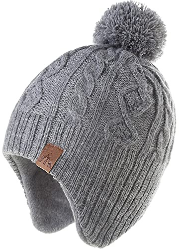 AHAHA Kids Hiver Earflap Bonnet Chapeau Pompon Chapeaux Tricotés pour Garçons et Filles, Gris clair, taille- 1-2 ans/qualifier -51cm
