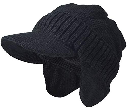 VECRY Hommes Bonnet Tricoté Visière Beanie Manchette Hiver Quotidien Newsboy Casquette (Oreillette-Noir), Taille M