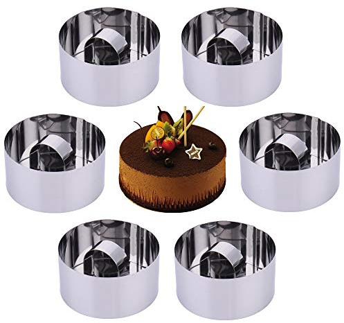 OnePine Stainless Steel Cooking Rings Dessert Rings Mini Cake and Mousse Ring Mould Set with Pusher - Round Shape, 6pcs/Set