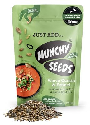Munchy Seeds Snack Warm Cumin and Fennel Sunflower & Pumpkin Mix, Sprinkle on Salads, Soups & Savoury Dishes, Vegan, Source of Protein, Fibre & Vitamin E, 125 g