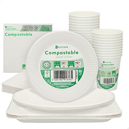 AKTIVE 71345, Procos Vajilla desechable ecológica y biodegradable, Papel, Balnco, 10 platos pequeños + 10 platos grandes + 10 platos cuadrados grandes + 20 vasos desechables + 20 servilletas