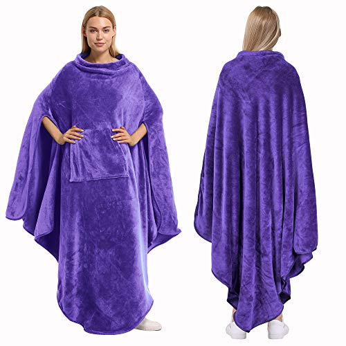 Catalonia Classy Warmer Tragbarer Poncho Decke, Große Weiche Flauschige Decke, Wrap Throw Cape mit Tasche, Kuschelige Komfort Geschenke für Erwachsene Frauen Männer, Lila