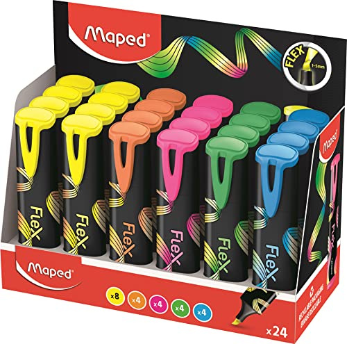 Maped - 24 fluoreszierende Peps Flex Textmarker – weiche und flexible Spitze – Display x24 – Farbe: gelb, blau, grün, rosa und orange