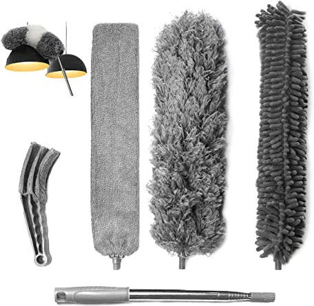 Diytrendz Extendable Microfiber Duster, 5Pcs Feather Duster With Telescoping Long Extension Pole, No Scratch to Ceiling Washable Heads for Cleaning High Ceiling, Fans, Cars.