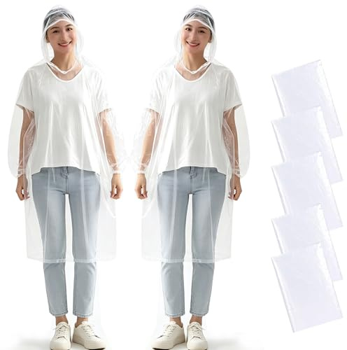 wehers Rain Poncho Waterproof Adult 5 Pack with Sleeves and Drawstring Hood | One Size Ponchos Family Pack Disposable Plastic Emergency Raincoat Ideal for Festival,Camping, Fishing, Theme Parks