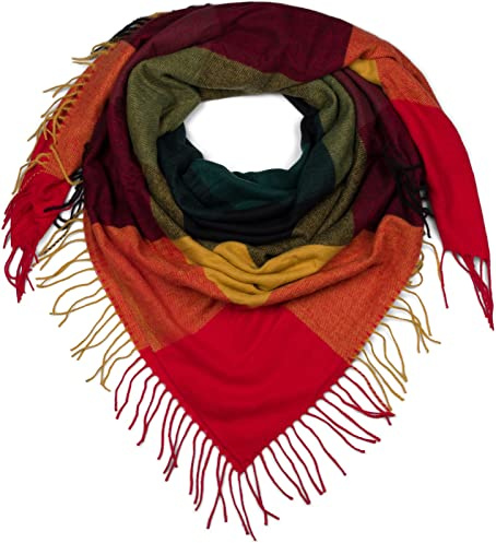 styleBREAKER écharpe carrée XXL, plaid avec motif à carreaux et longues franges, hiver, étole, foulard 01017116, couleur:Rouge-vert-jaune