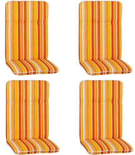 NYVI Hochlehner Auflagen Hawaii 4er Set - 114x47 cm Orange Gelb Weiß Gestreift - Gartenmöbel Auflage mit 5 cm Polster und Gummi-Halteband