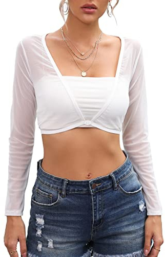 Buliezy Transparent Spets Kofta för kvinnor, med V-hals Sexig Kortärmad Svart Shrug Elegant Spets Ärmar för Kvinnor, Vit mesh, M