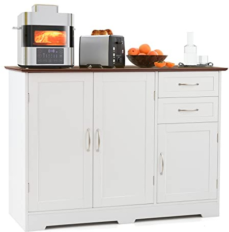 GiantexUK Buffet Sideboard, Wooden Storage Cabinet with Adjustable Shelf, 2 Drawers and 3 Doors, Freestanding Kitchen Cupboard for Living Room Dining Room Hallway (White + Brown, 100 x 40 x 78cm)