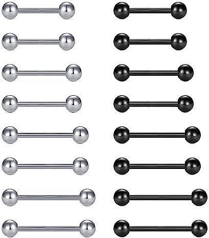 FECTAS 16stk Zungenpiercing Set 14G Chirurgenstahl Piercing Zunge Tongue 12/14/16/18mm Silber Schwarz