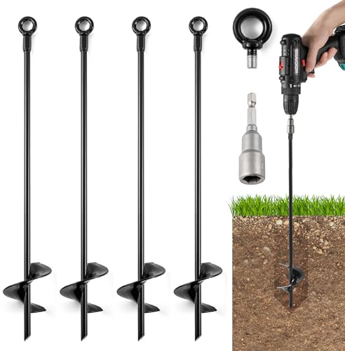 18'' Ground Anchors Screw in Tent Stakes Heavy Duty Earth Anchors - Solid Steel with Sharp Tips & 3 inch Helix Blades to Drill Deep for Trampoline, Swing Sets, Carports, Gazebos, Green House Tents