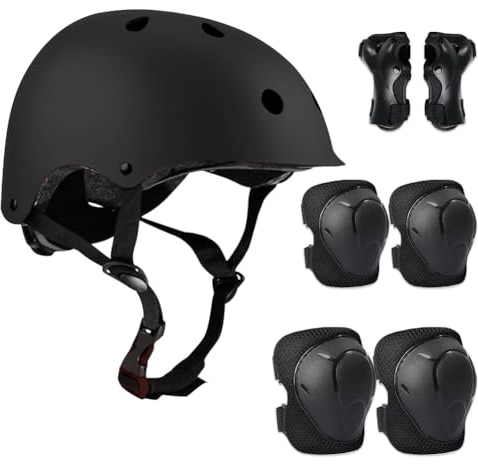 Udbrud Set di Casco Protezione Bambini, 7 in 1 Set di Casco Regolabile Gomitiere Polso Ginocchiere per Skateboard, Bicicletta, Pattinaggio, Monopattino,Nero