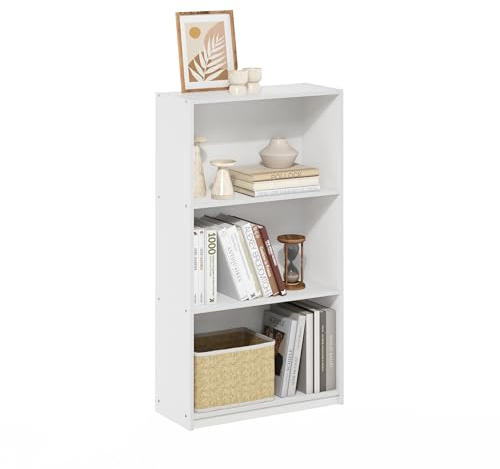 Furinno Basic Book Shelf, 3-Tier Modern Bookshelf, Bookcase with Open Shelves, 9.3 x 21.8 x 39.5, for Living Room, Bedroom, Home Office, White