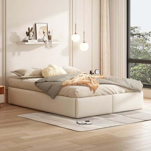 Bett 140x200 cm, Polsterbett mit Bettkasten und 2 Schubladen, ohne Kopfteil, Hydraulisch Doppelbett Stauraumbett, Bett mit Lattenrost, für Erwachsene & Jugendliche, ohne Matratze (Beige)