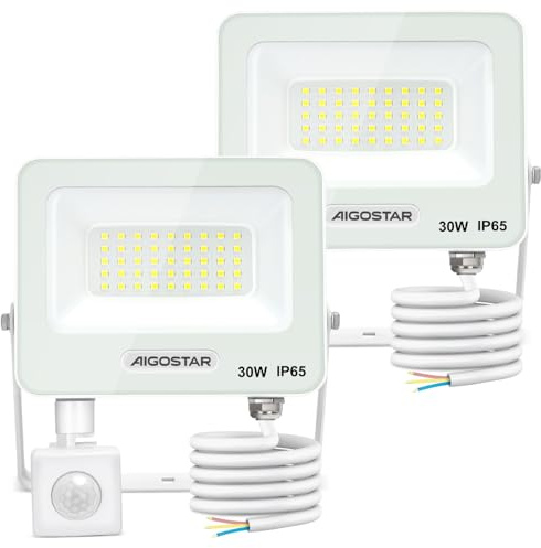 Aigostar 30W Foco LED Exterior con Sensor Movimiento PIR Blanco，2 piezas，2750LM Super Brillo Proyector LED Interior， IP65 Impermeable，Blanco Frío 6500K，Luz de Seguridad para Jardín，Patio，Garaje， etc.