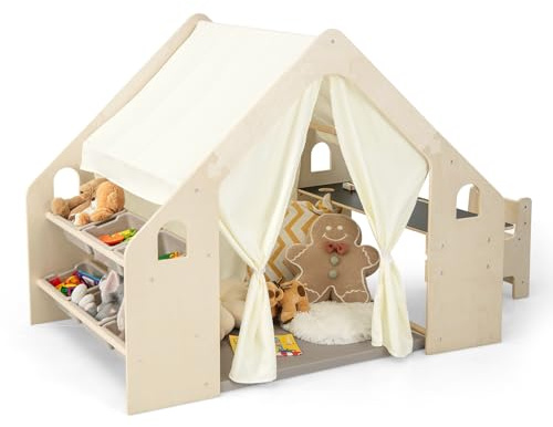 FANTASK Tente de Jeu 6 en 1 en Bois, avec Table, Chaise et étagère pour Enfants, Maison de Jeu avec Tapis, Tableau Noir, boîtes de Rangement, boîte à Craie, Maison de Jeu d'intérieur pour Enfants à
